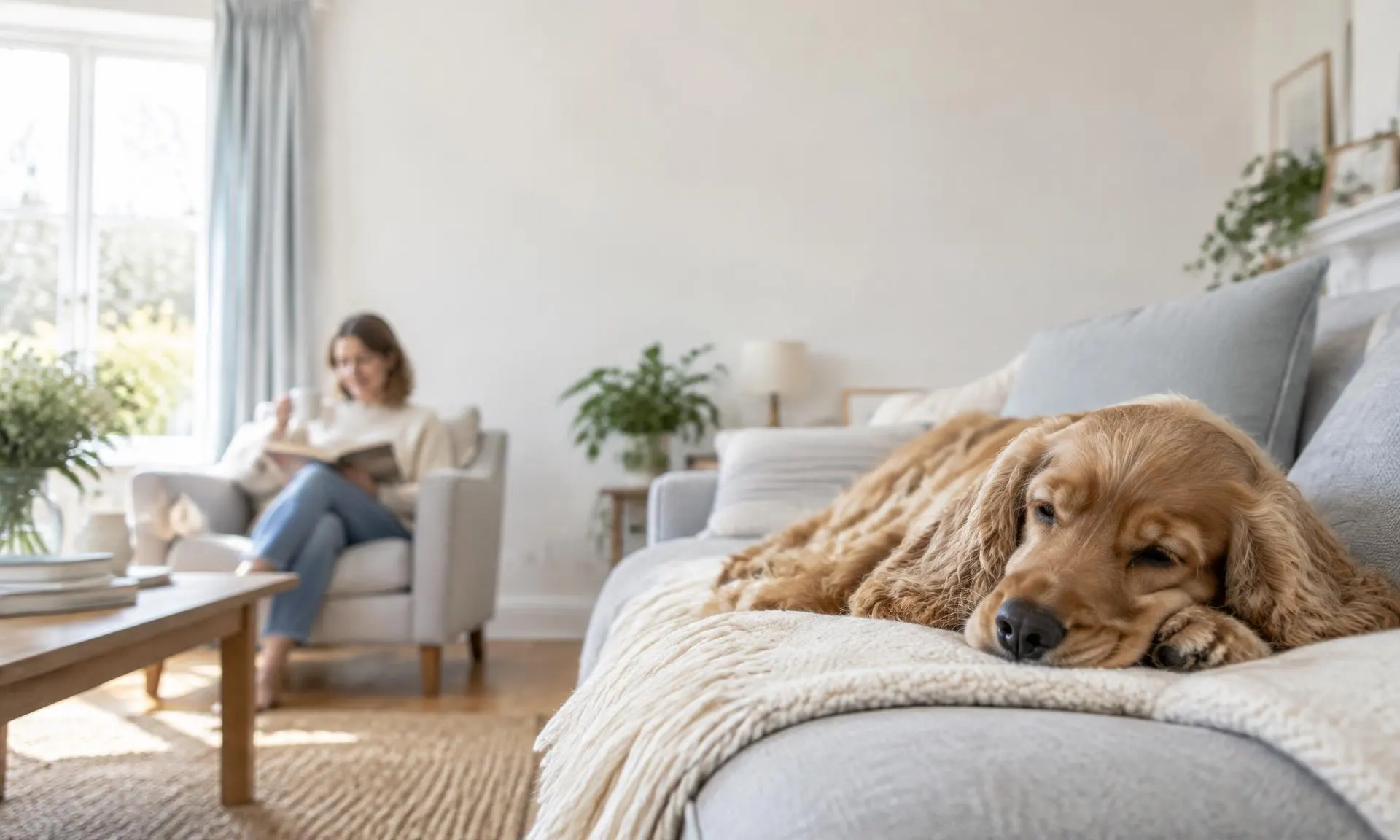 A relaxed spaniel dozing on the sofa while its owner reads nearby